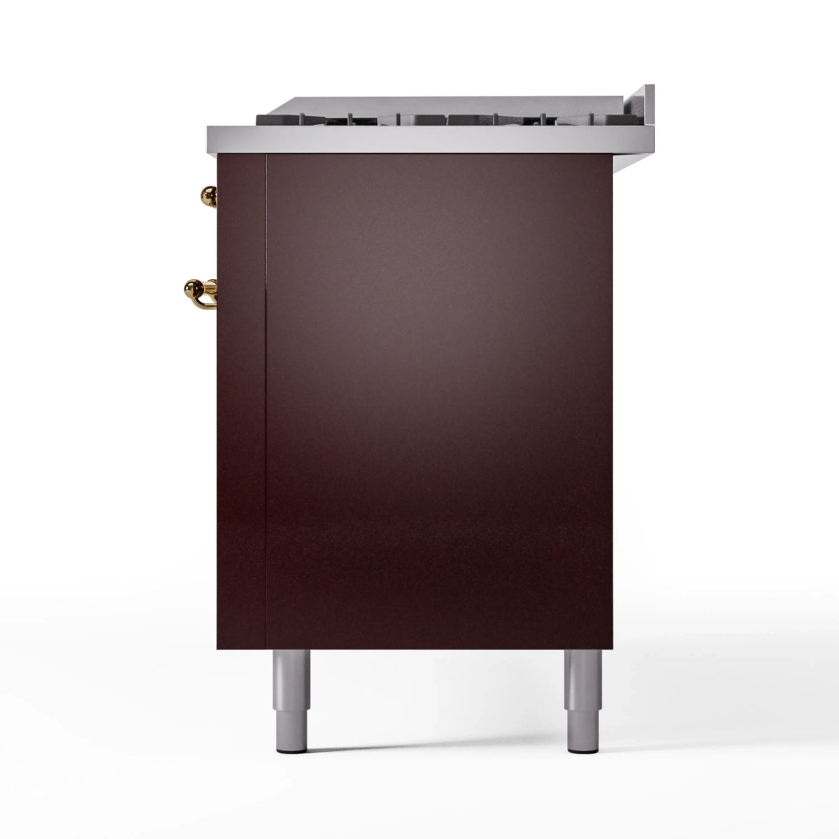 Burgundy side panel of a dual fuel range with brass door handle and legs
