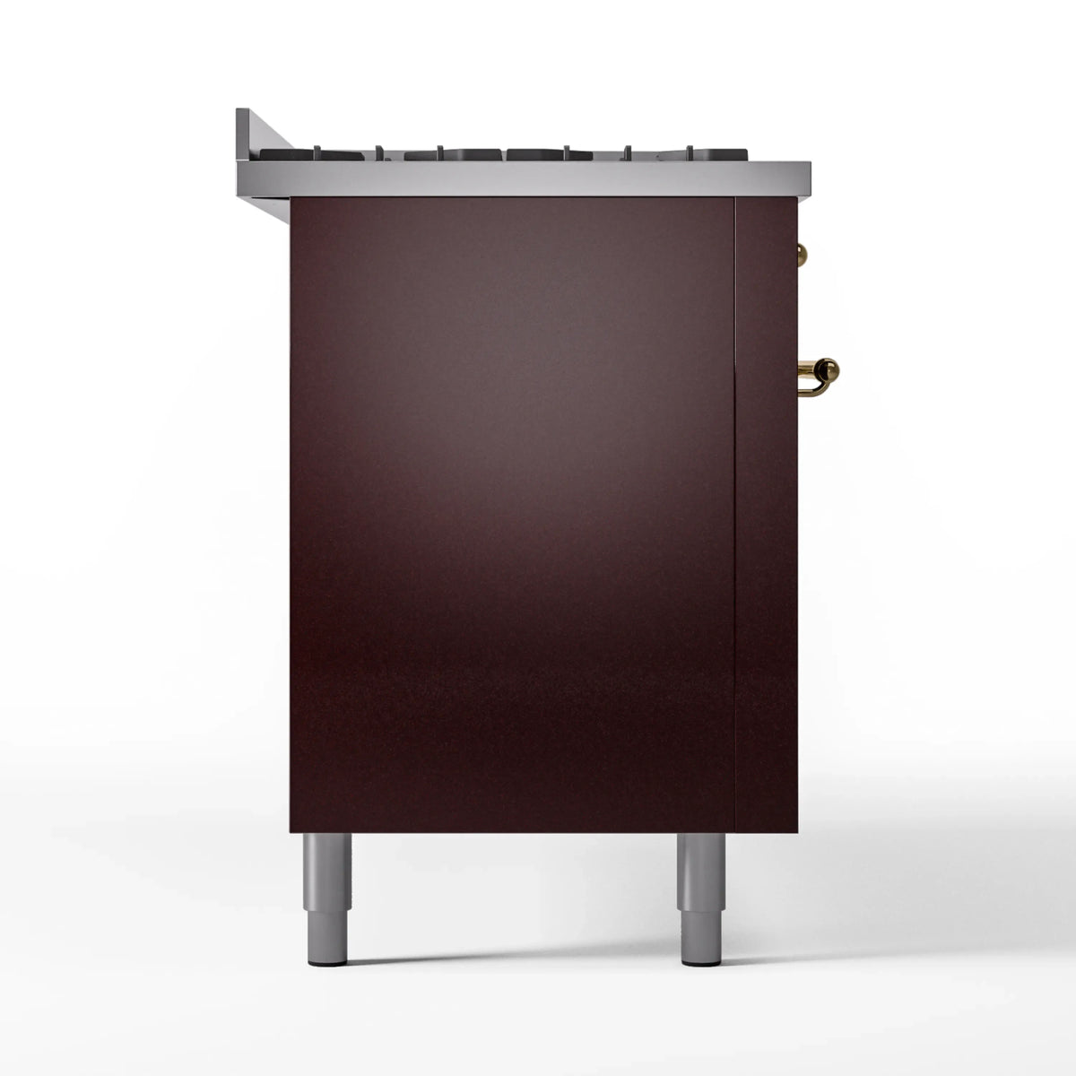 Burgundy rear panel of a dual fuel range with leveling legs and rear trim