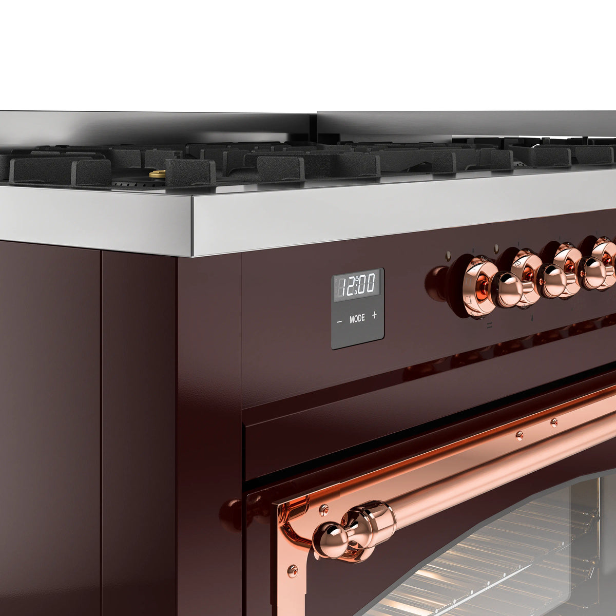 Burgundy dual-fuel range control panel with copper knobs, display, and oven handle