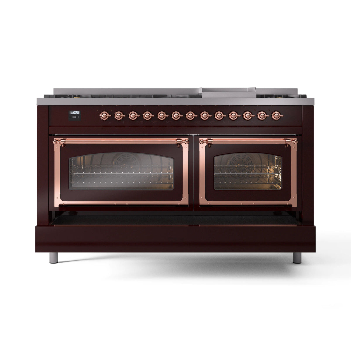 Burgundy dual-fuel gas range with two oven doors and copper trim on the front