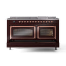 ILVE 60-Inch Nostalgie II Noblesse Propane Gas Dual Fuel Range with 9 Sealed Burners, Griddle, Triple Glass Door Oven in Burgundy with Copper Trim (UN60FNMPBUPLP)