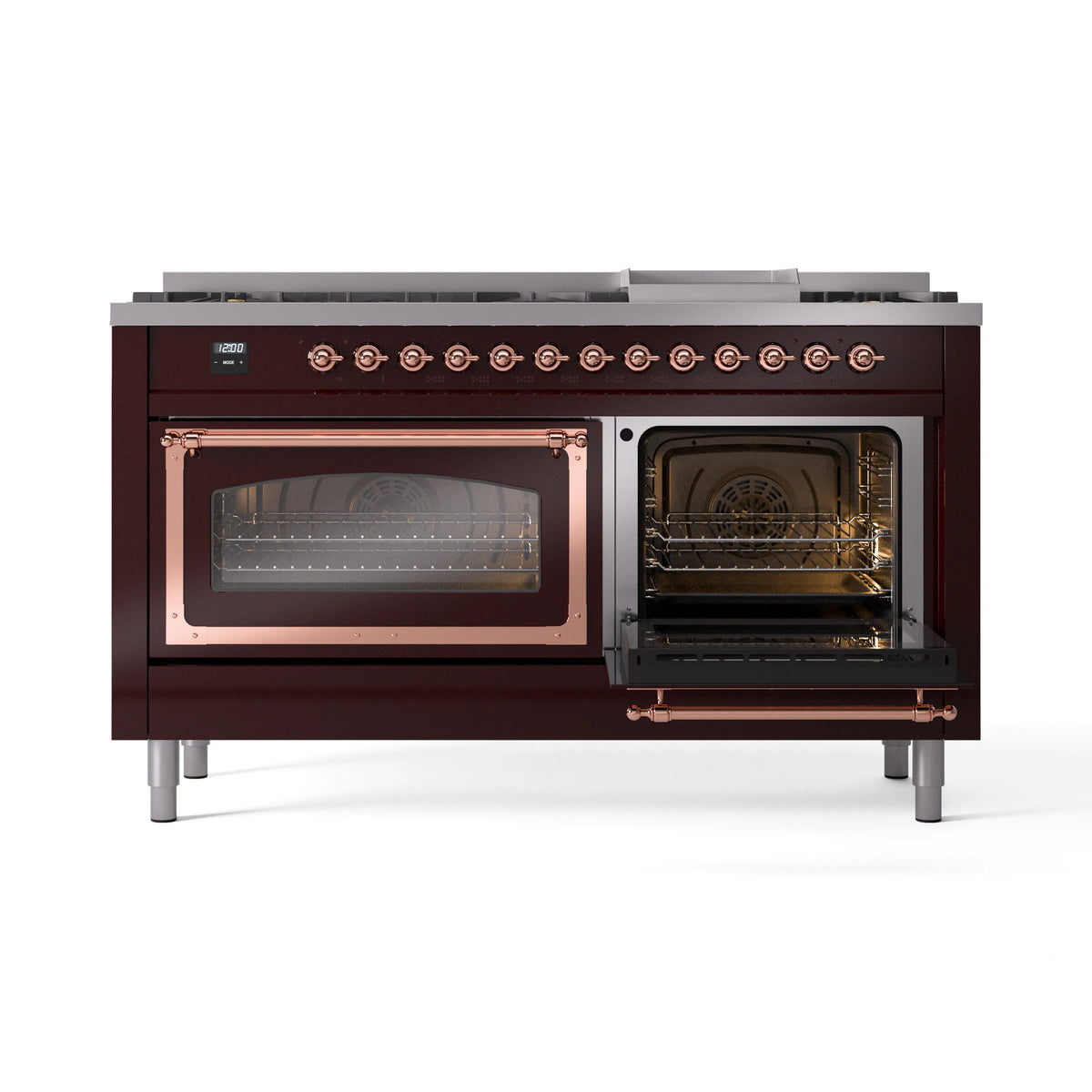Burgundy dual-fuel gas range with two oven doors and copper-trim burner knobs