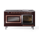 ILVE 60-Inch Nostalgie II Noblesse Propane Gas Dual Fuel Range with 9 Sealed Burners, Griddle, Triple Glass Door Oven in Burgundy with Copper Trim (UN60FNMPBUPLP)