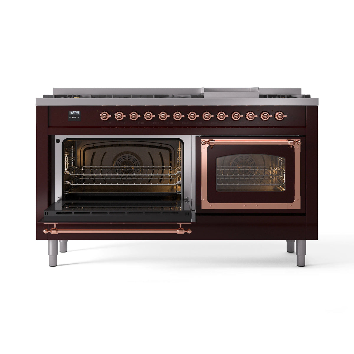 Burgundy dual-fuel gas range with both oven doors open and copper-trim interior
