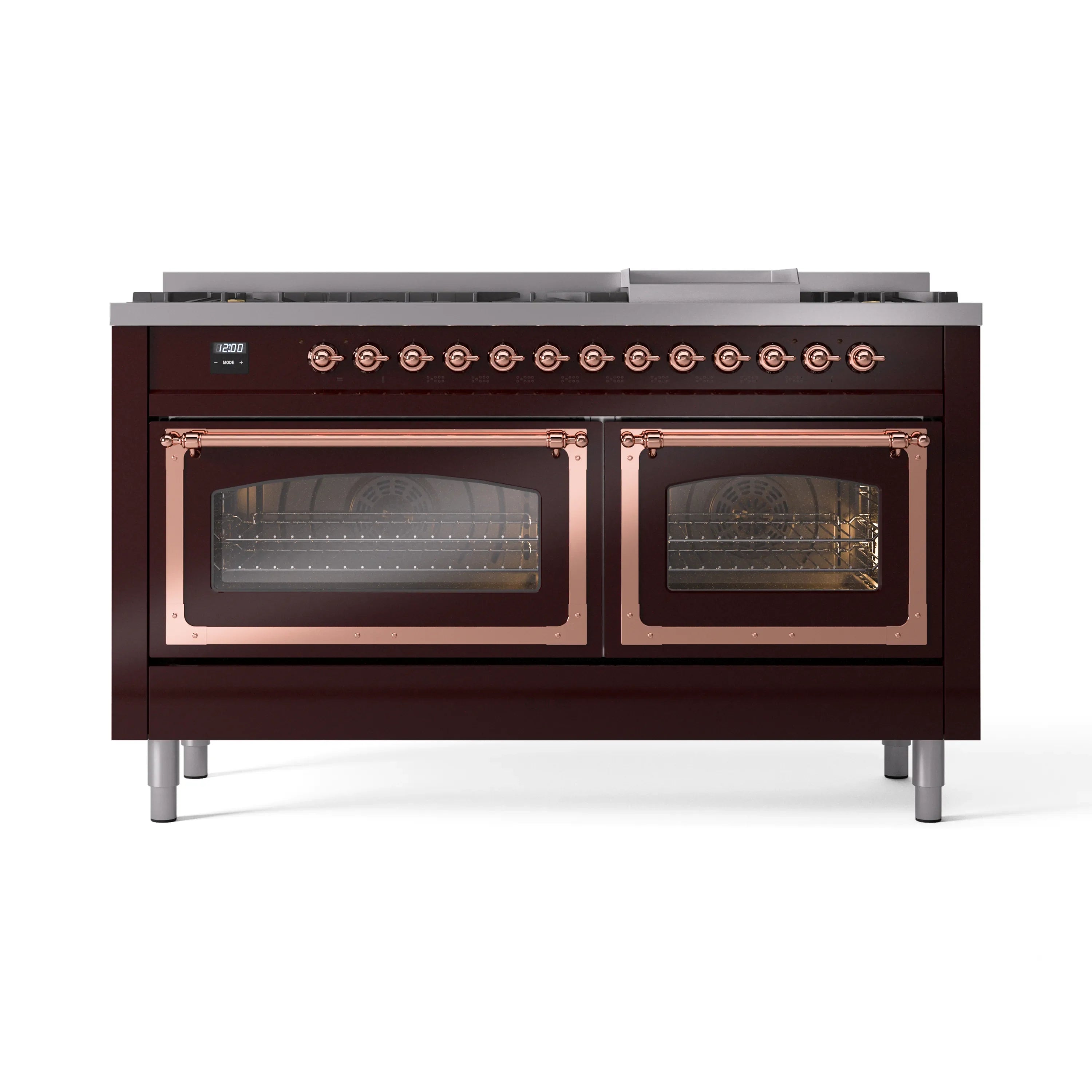 Burgundy dual fuel range with copper trim and two glass oven doors