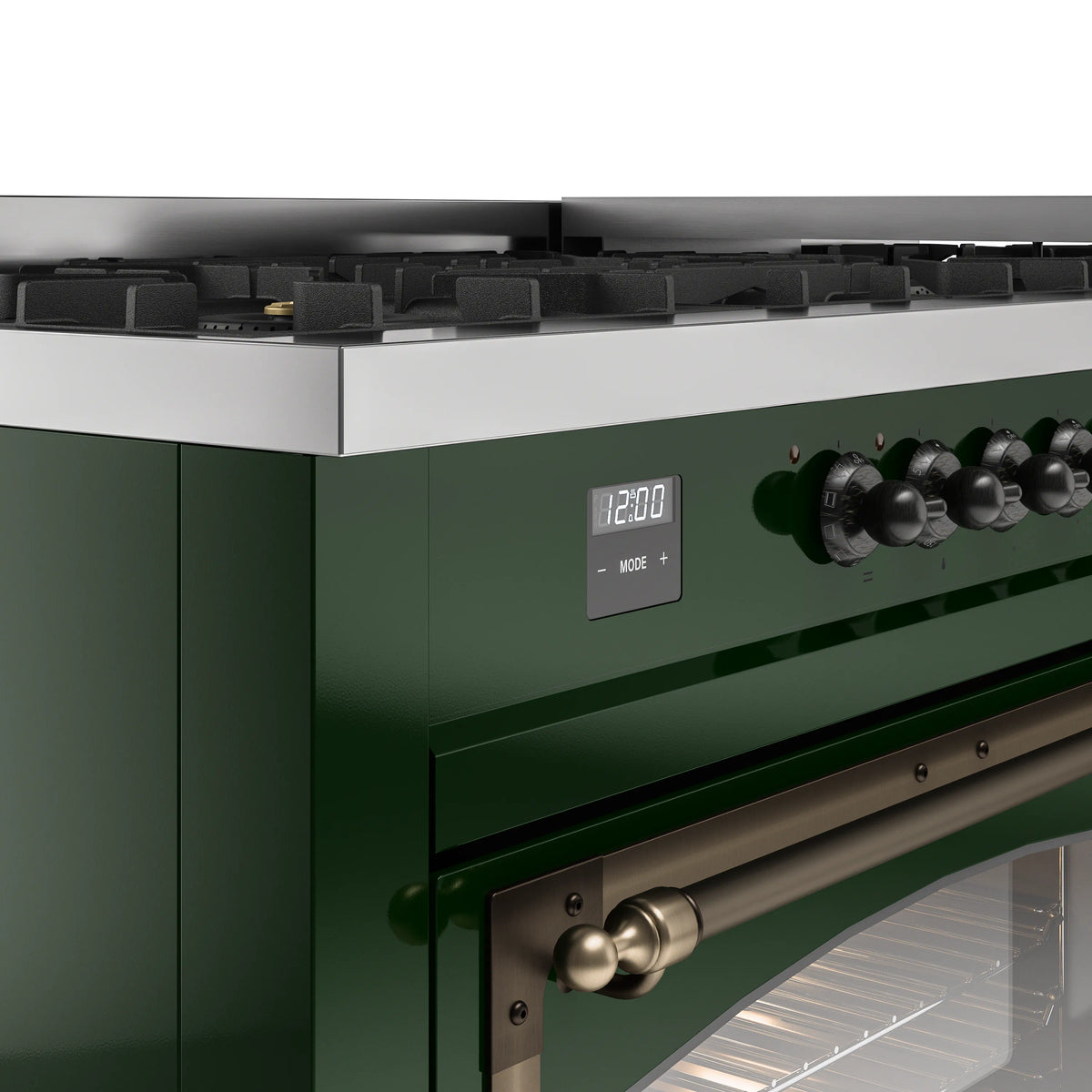 Emerald green control panel and bronze oven handle with lit digital display