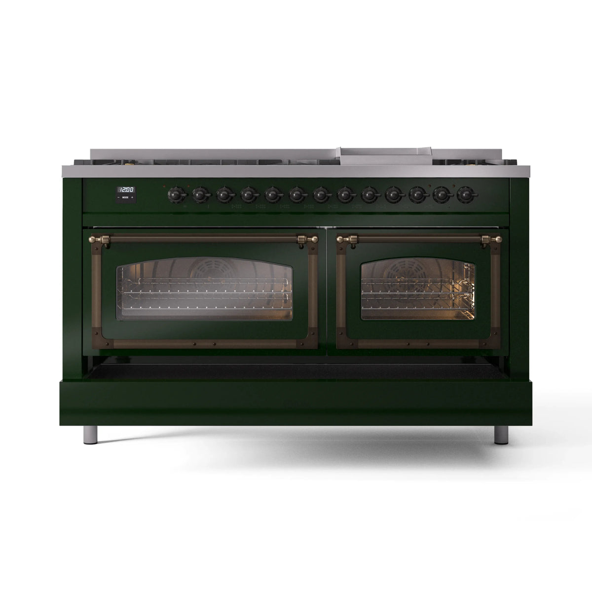 Emerald green gas dual fuel range with bronze oven doors and lit oven display windows