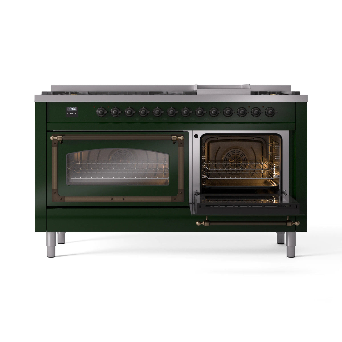 Emerald green dual fuel range with right oven door open and bronze-trim control knobs