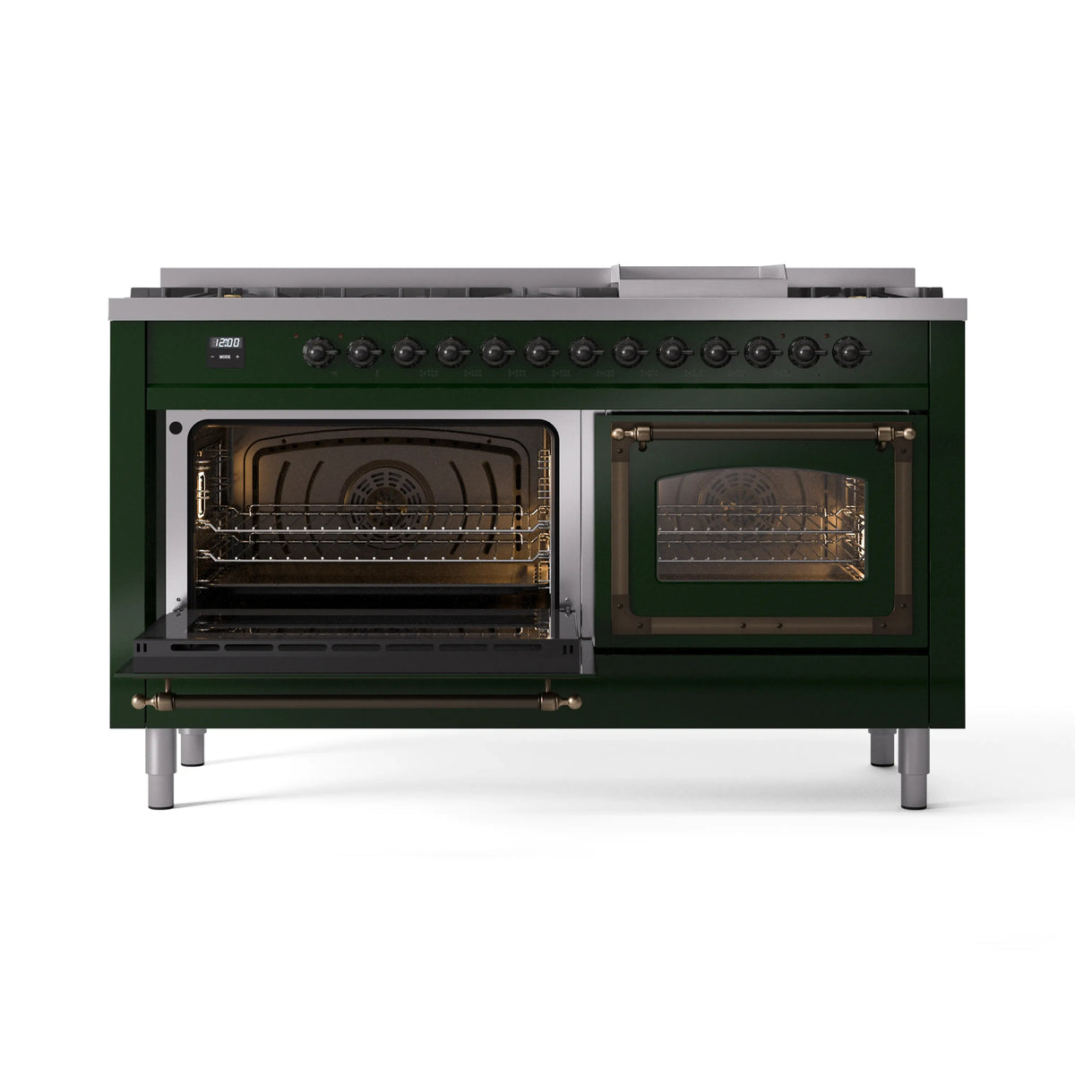 Emerald green dual fuel range with both ovens open and glowing heating elements