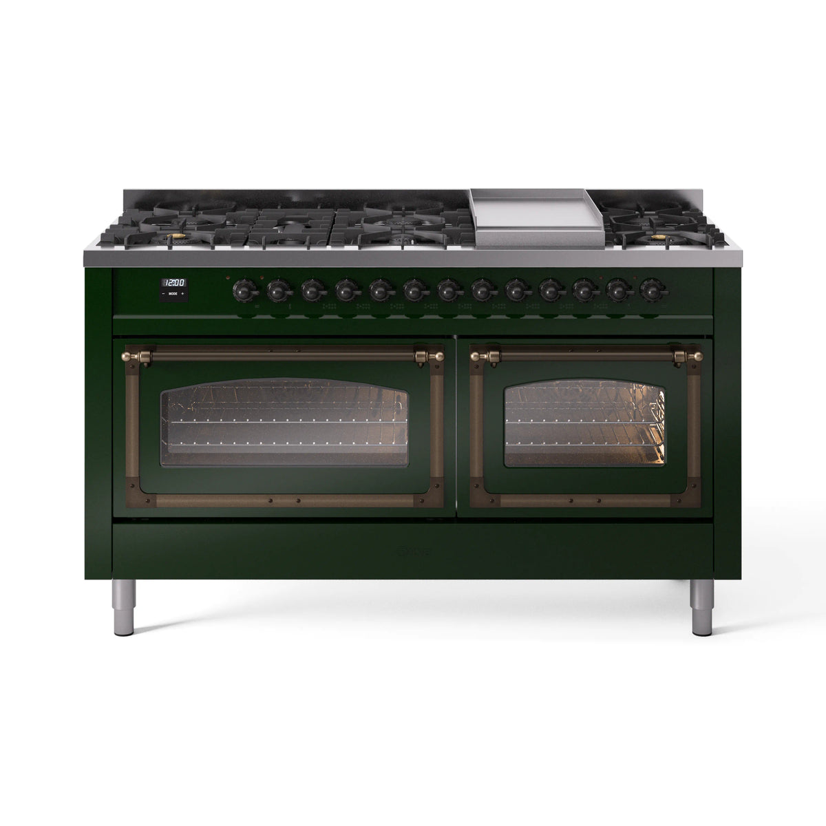 Emerald green dual fuel range with cooktop grates and two closed oven doors