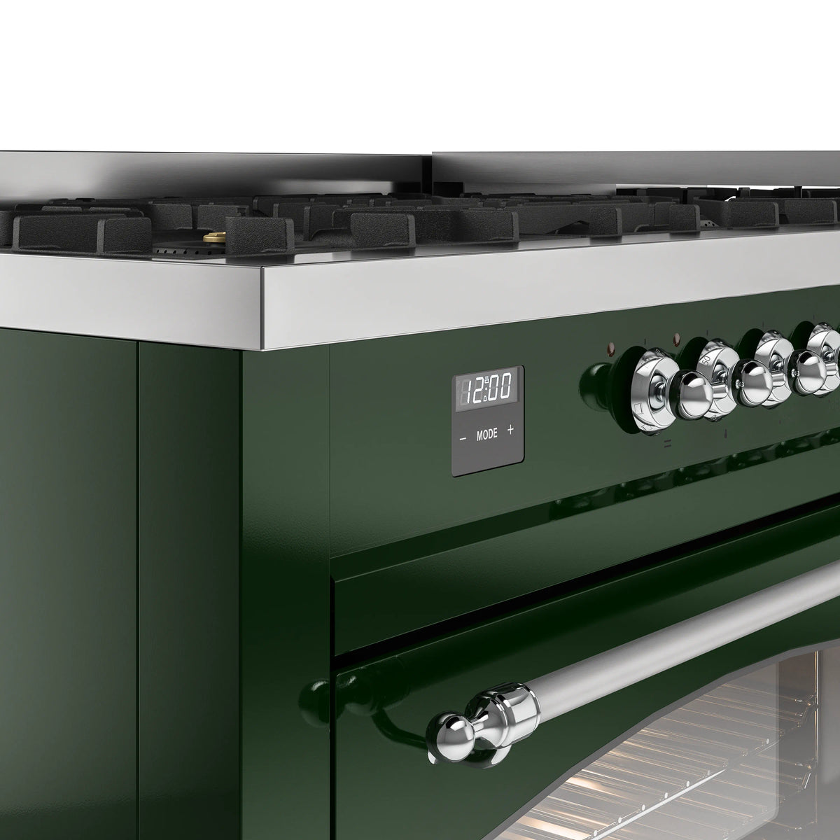 Emerald green range control panel with digital display and chrome burner knobs