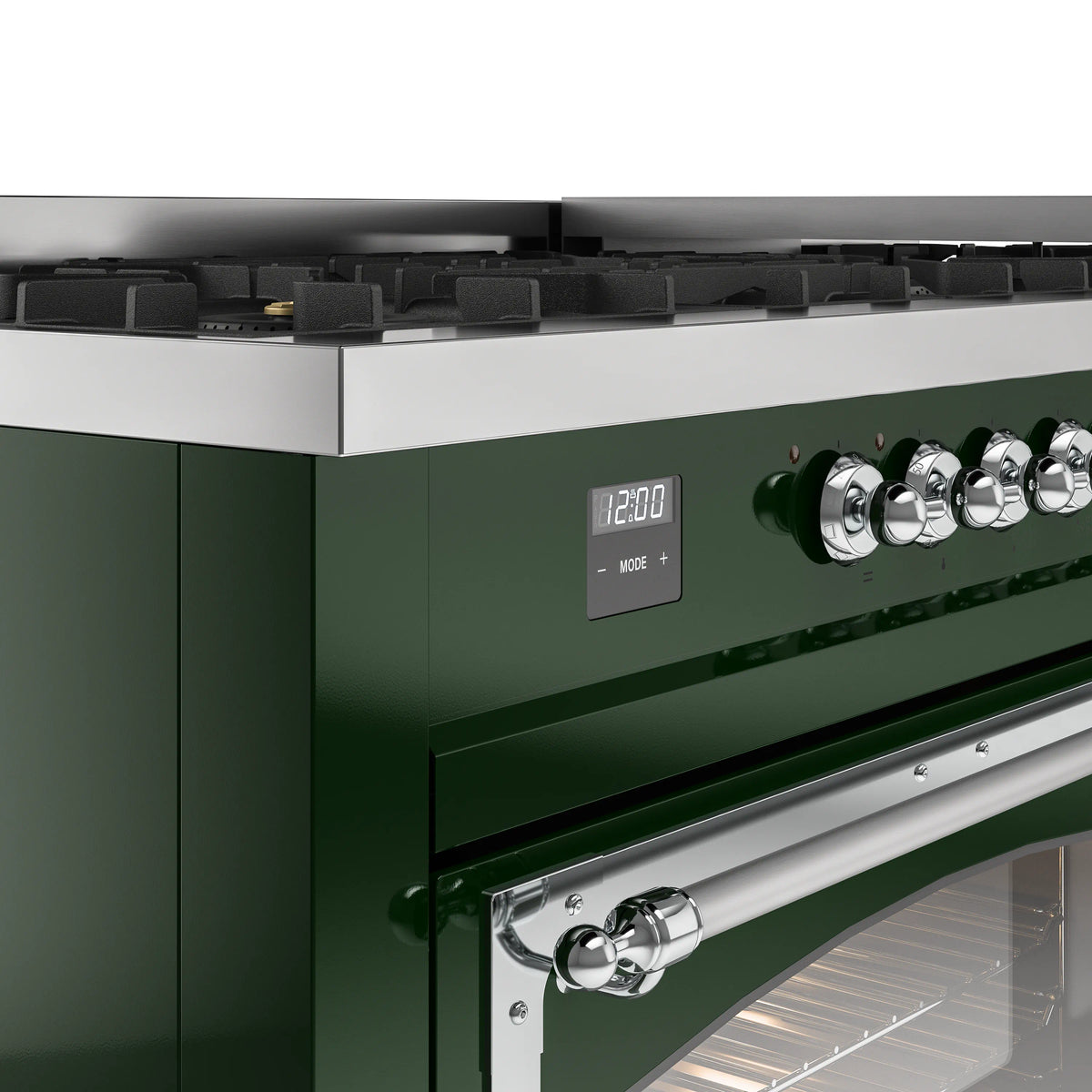 Emerald green gas dual-fuel range control panel with chrome knobs and digital display