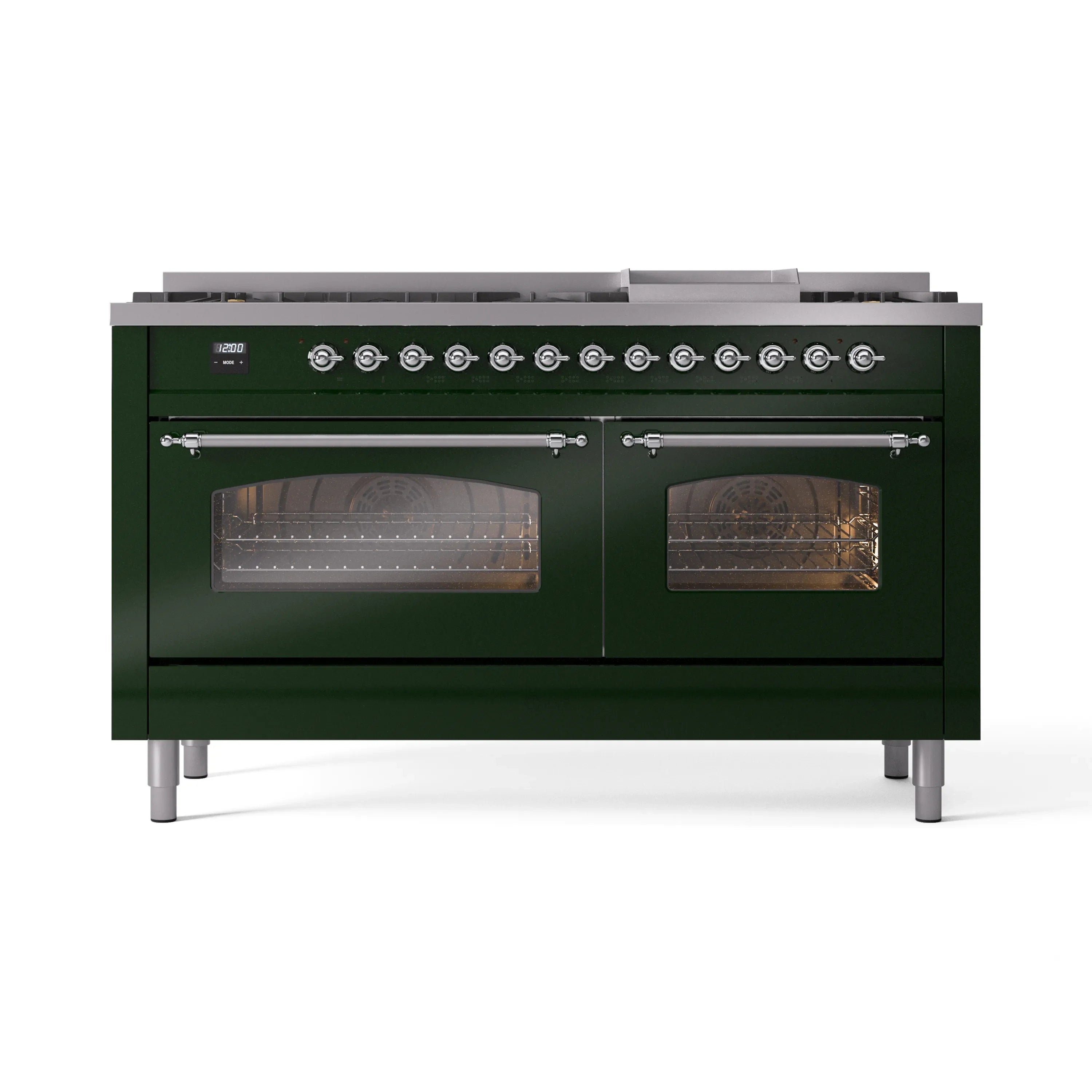 Emerald green dual-fuel range with chrome control panel, two glass oven doors, and side handles