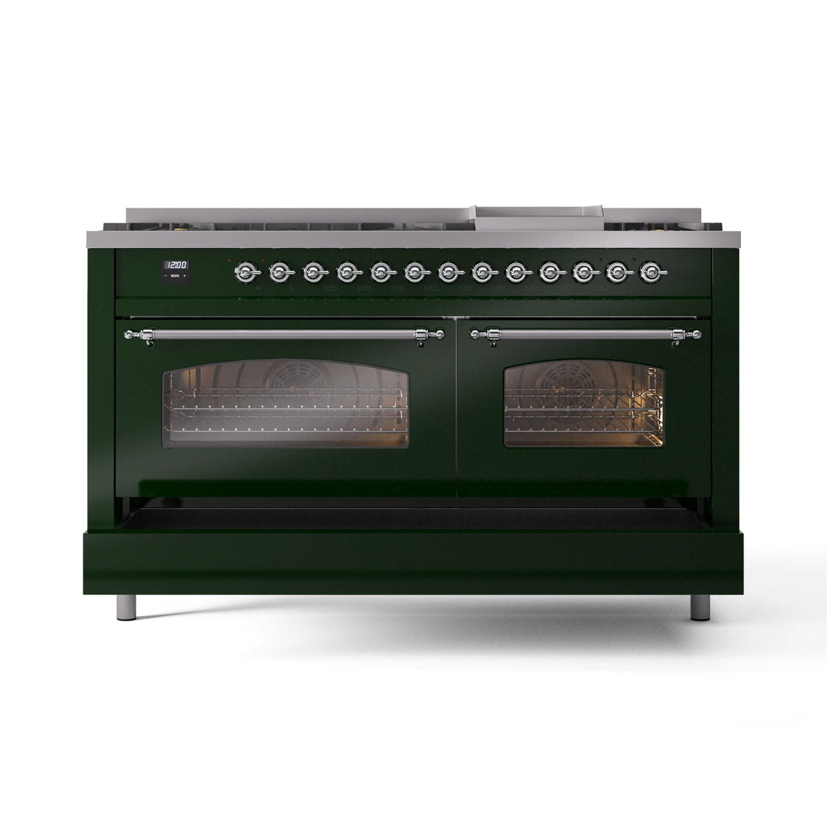 Emerald green dual-fuel range with chrome oven handles and two glass oven doors