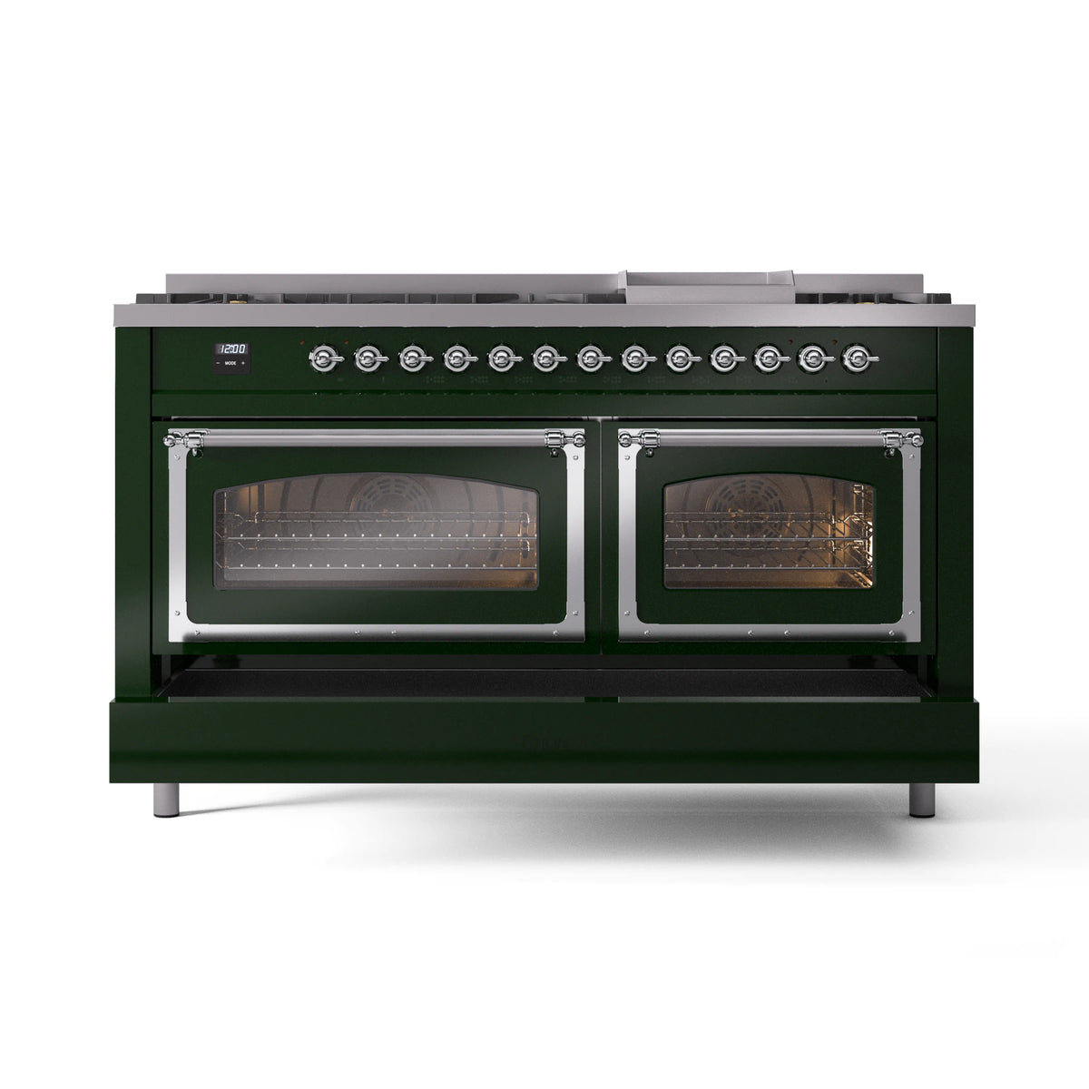 Emerald green range with two oven doors and chrome-trimmed glass windows
