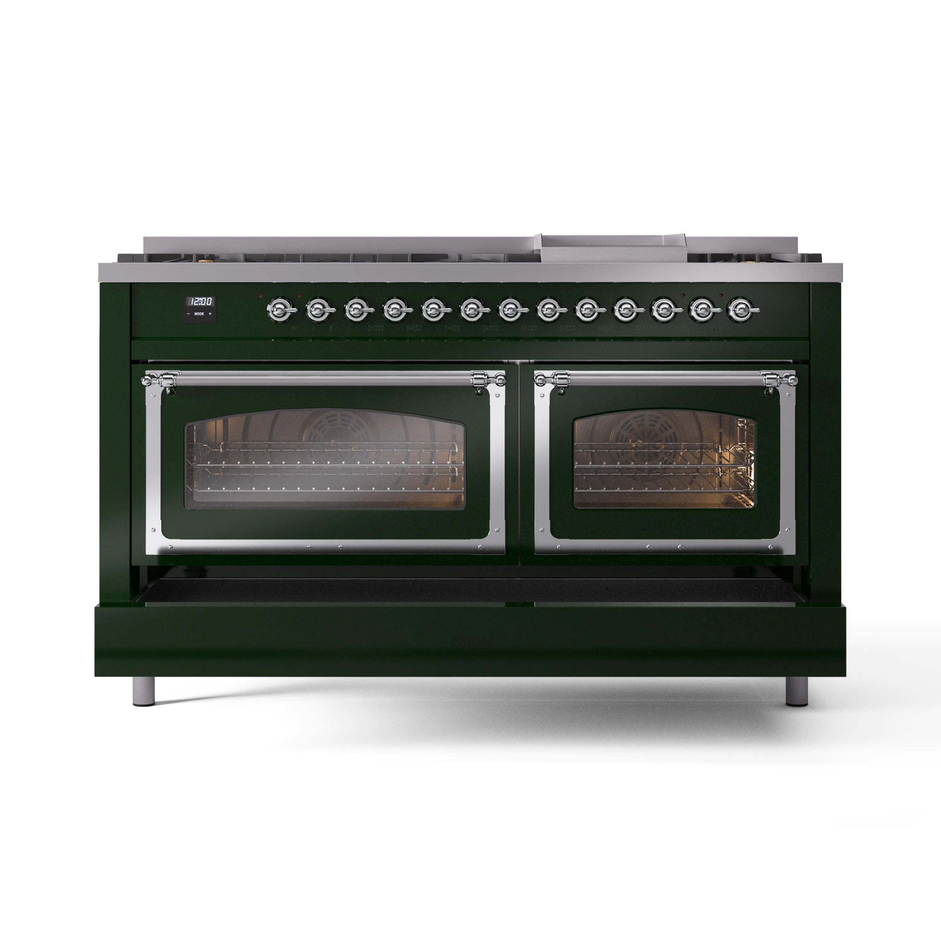 Emerald green dual fuel range with double oven doors and chrome trim, front view