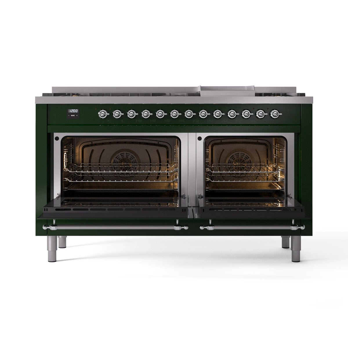 Emerald green dual-fuel range with both oven doors open, showing lit convection ovens