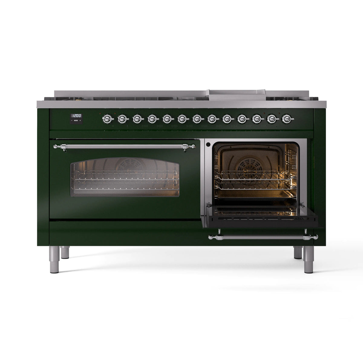 Emerald green range with left glass oven door and right oven door open, chrome handles