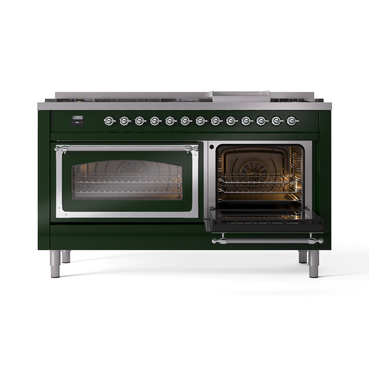 Emerald green range with left oven glass closed and right oven door open