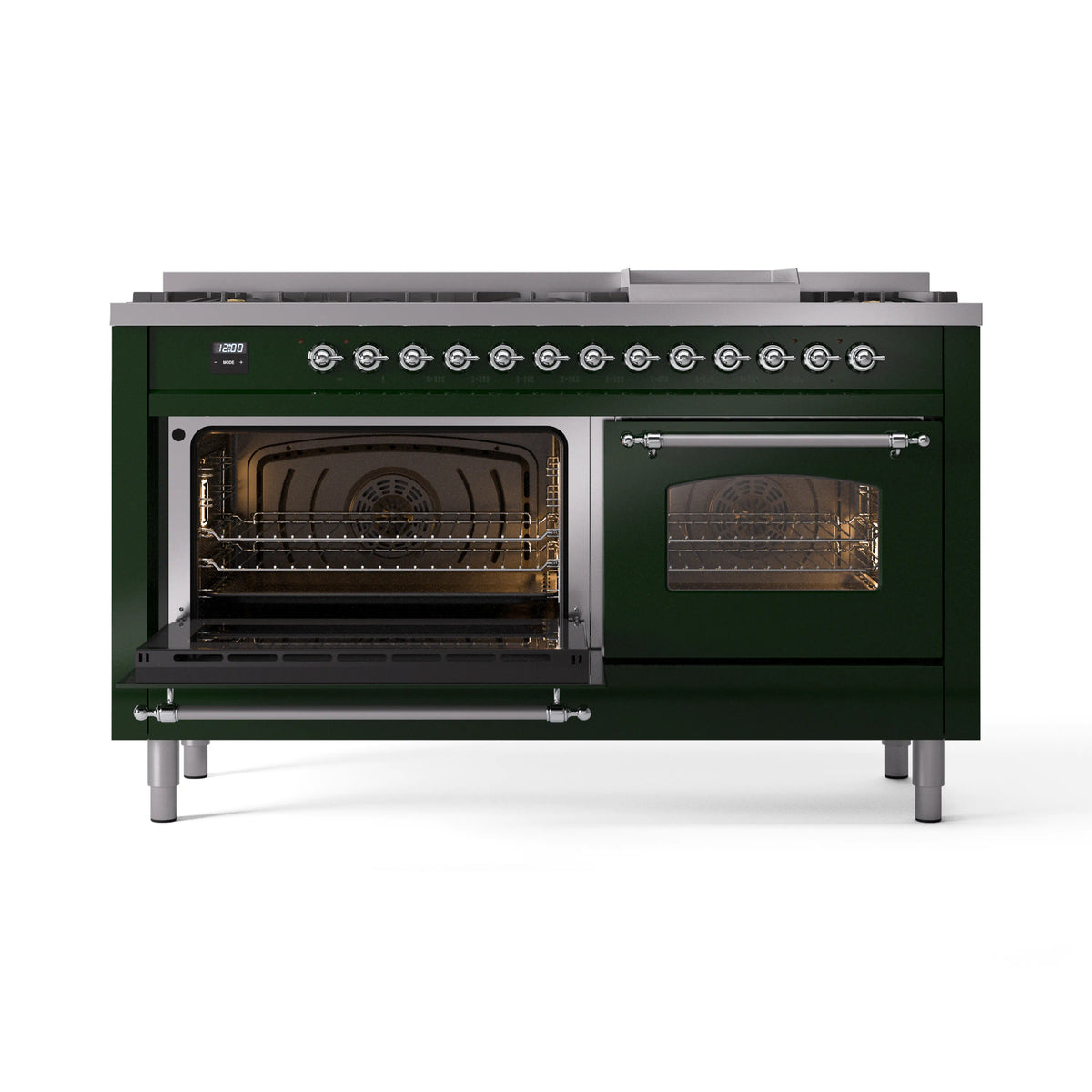 Emerald green range with left oven door open and right glass door closed, chrome handles