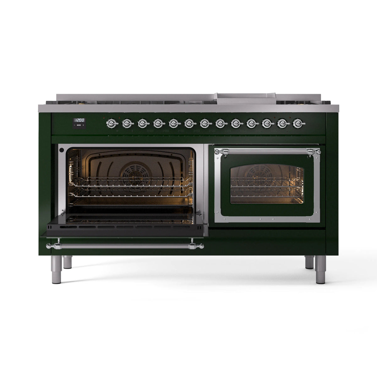 Emerald green dual fuel range with both oven doors open and visible oven interiors