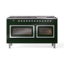 ILVE 60-Inch Nostalgie II Noblesse Propane Gas Dual Fuel Range with 9 Sealed Burners, Griddle, Triple Glass Door Oven in Emerald Green with Chrome Trim (UN60FNMPEGCLP)
