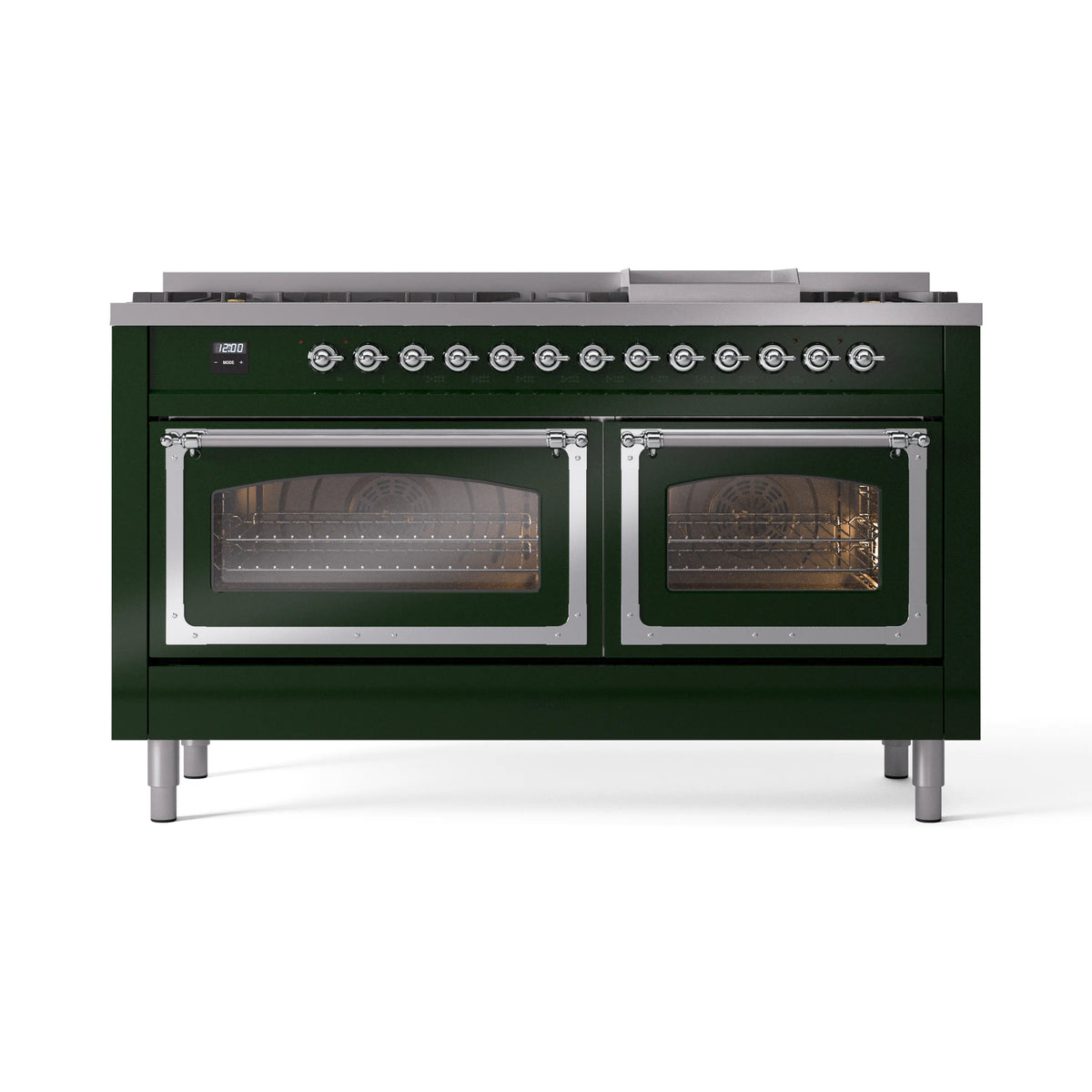 Emerald green dual fuel range with double oven doors closed and chrome trim