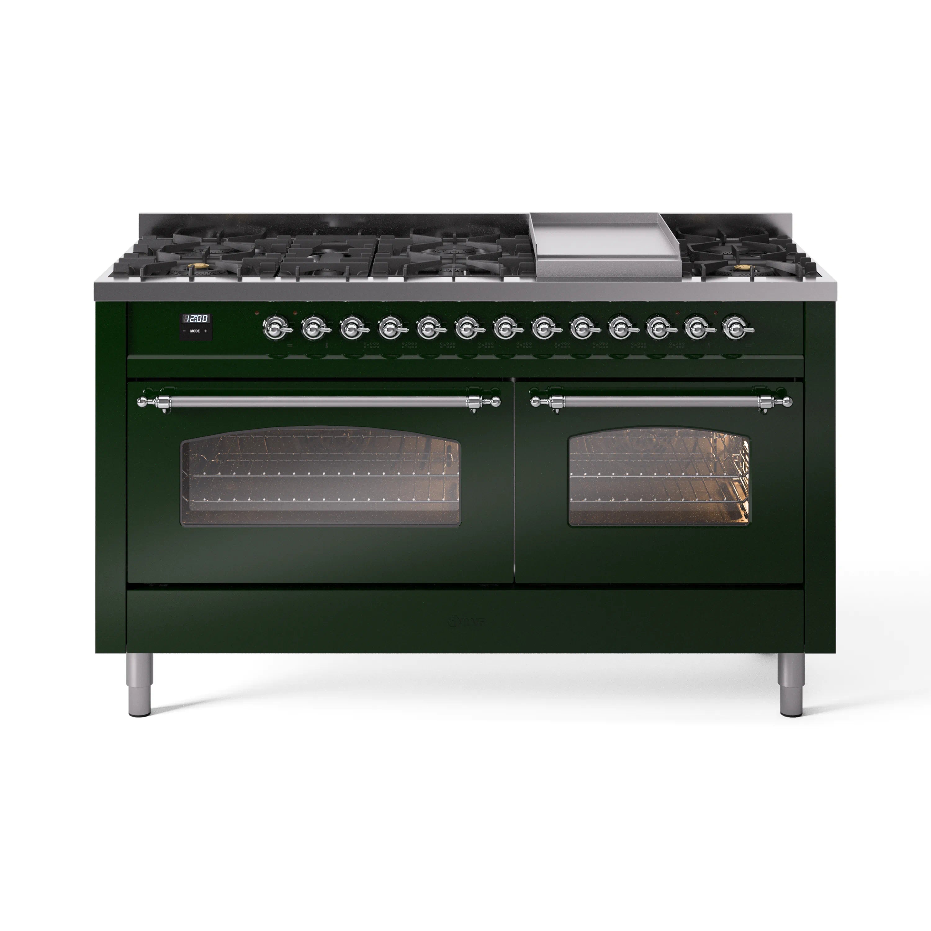 Emerald green dual-fuel gas range with chrome knobs and double oven doors, plus cooktop burners