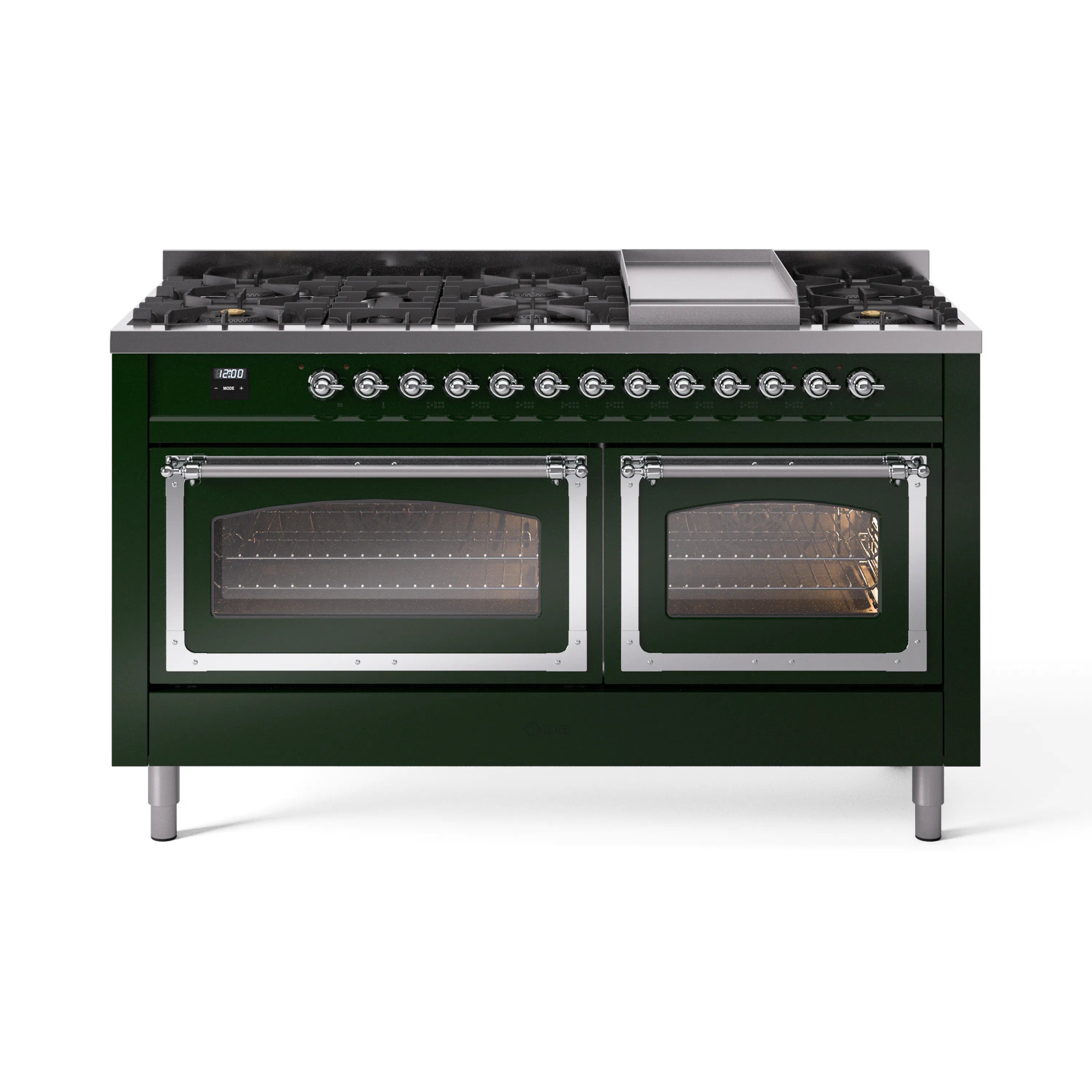 Emerald green dual fuel range with chrome-trimmed double ovens and black burner grates
