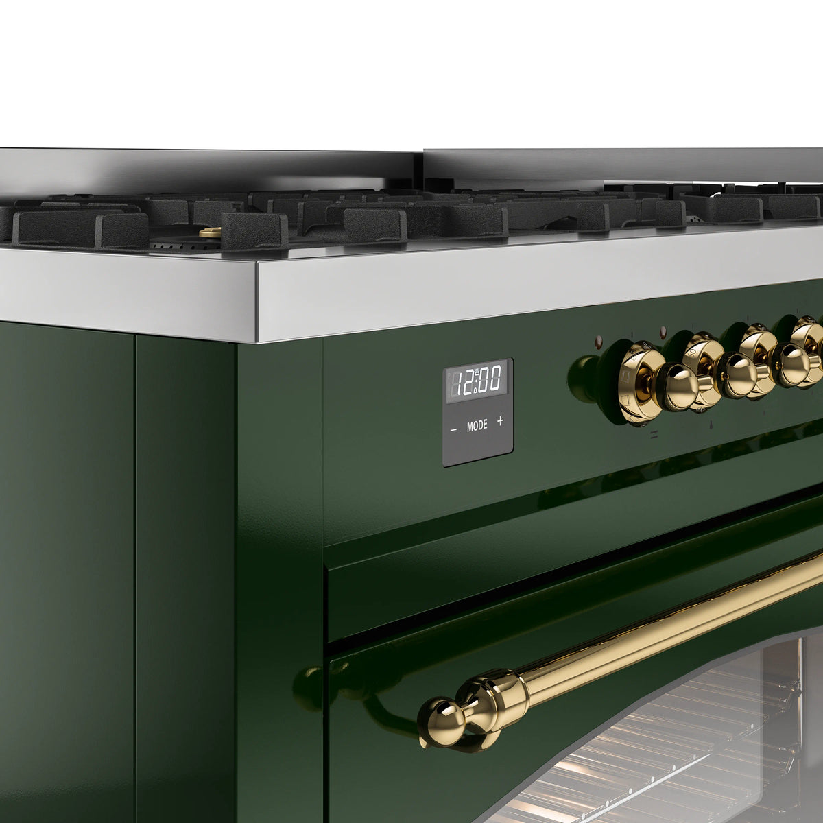 Emerald green range control panel with brass knobs, digital display, and griddle lid