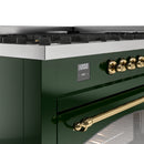 ILVE 60-Inch Nostalgie II Natural Gas Dual Fuel Range with 9 Burners, Griddle and Triple Glass Door Oven in Emerald Green with Brass Trim (UP60FNMPEGG)