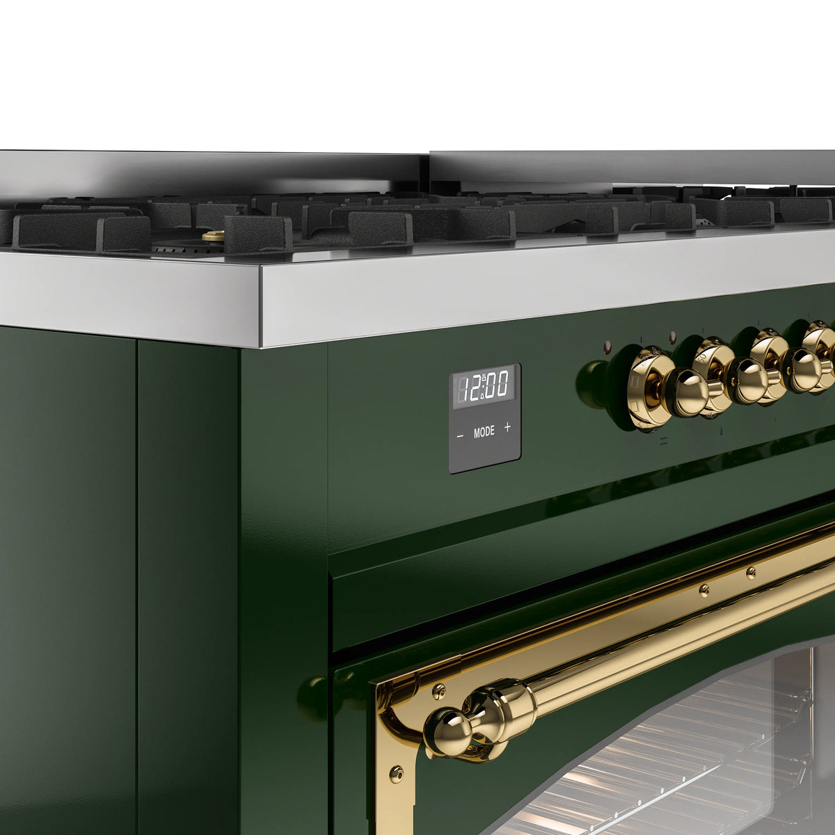 Emerald green range control panel with brass knobs and digital display