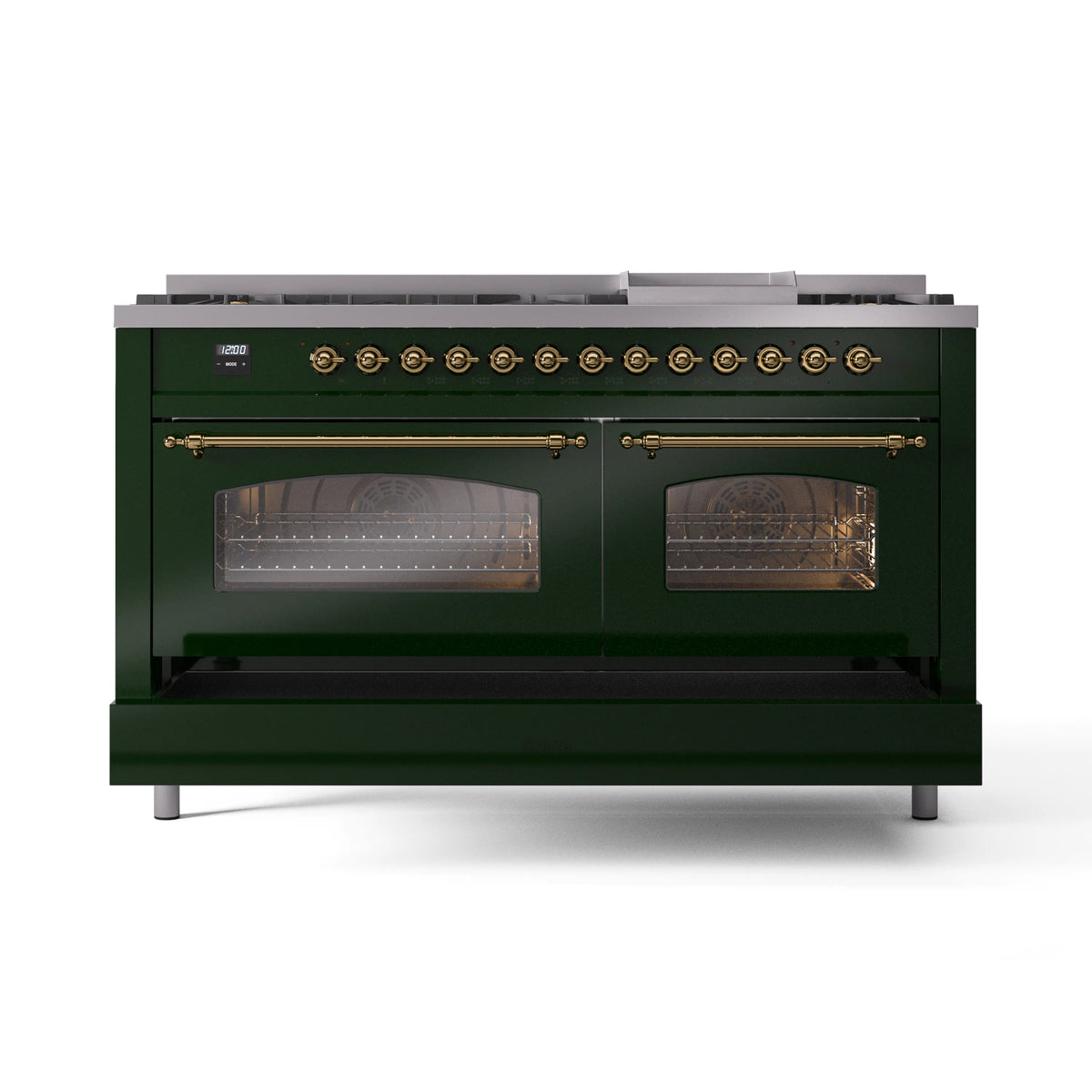 Emerald green dual-fuel range with brass control knobs and triple glass oven doors