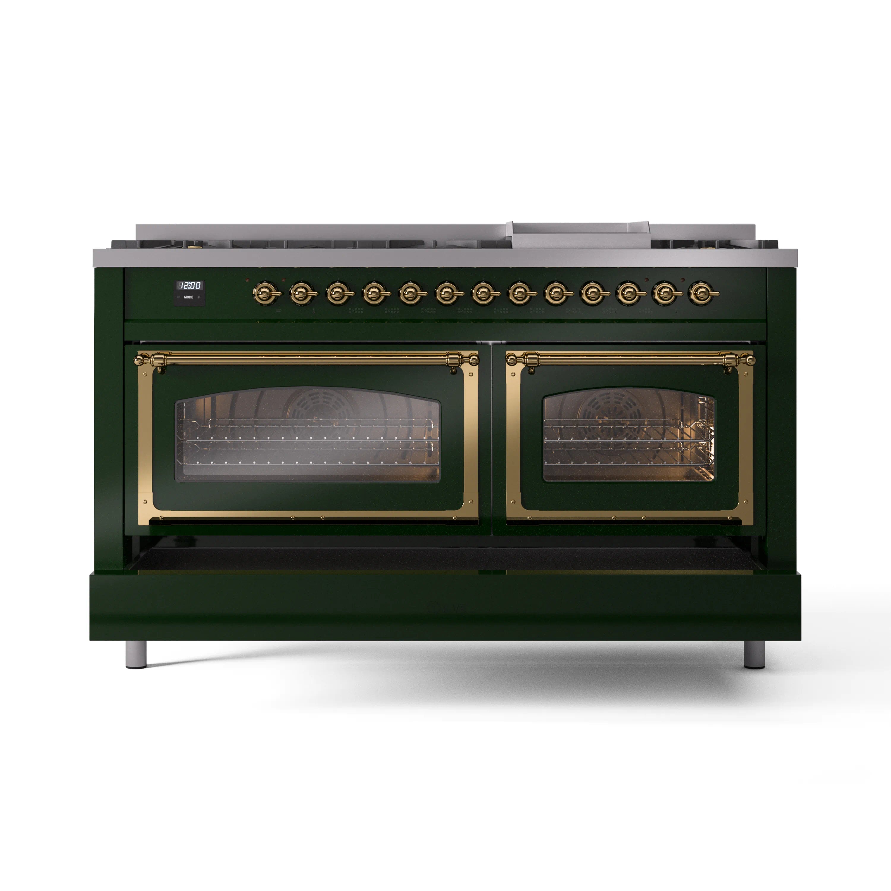 Emerald green dual-fuel range with brass control knobs and two closed oven doors