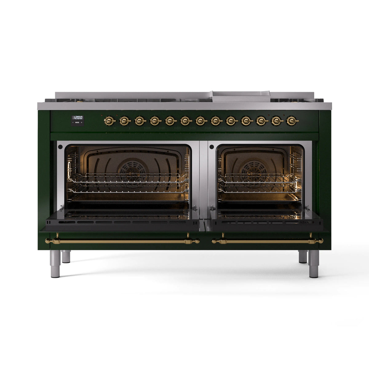 Emerald green dual-fuel range with brass trim and two open ovens showing racks and burners