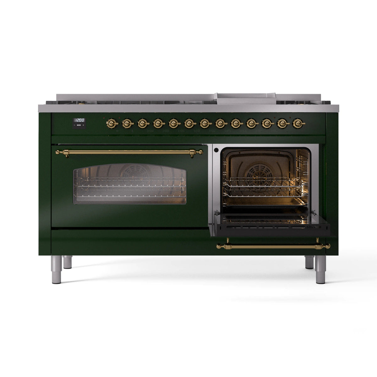 Emerald green range with left oven door open and right oven door showing interior heat