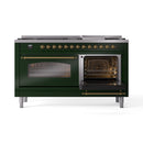 ILVE 60-Inch Nostalgie II Natural Gas Dual Fuel Range with 9 Burners, Griddle and Triple Glass Door Oven in Emerald Green with Brass Trim (UP60FNMPEGG)