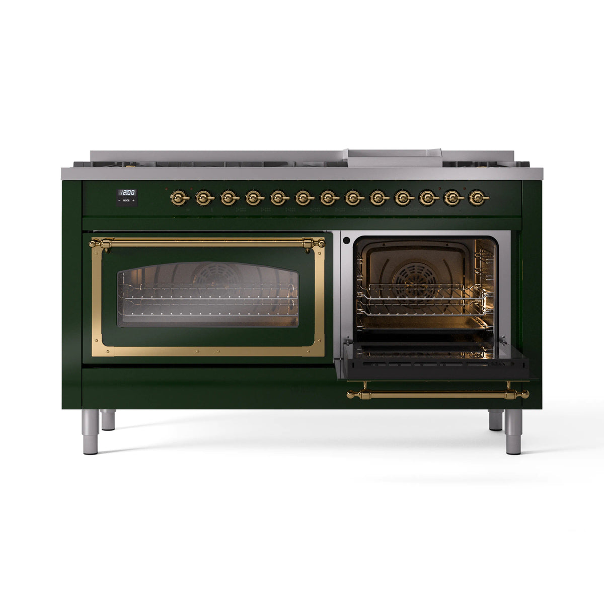 Emerald green range with left oven closed and right oven open, brass hardware visible