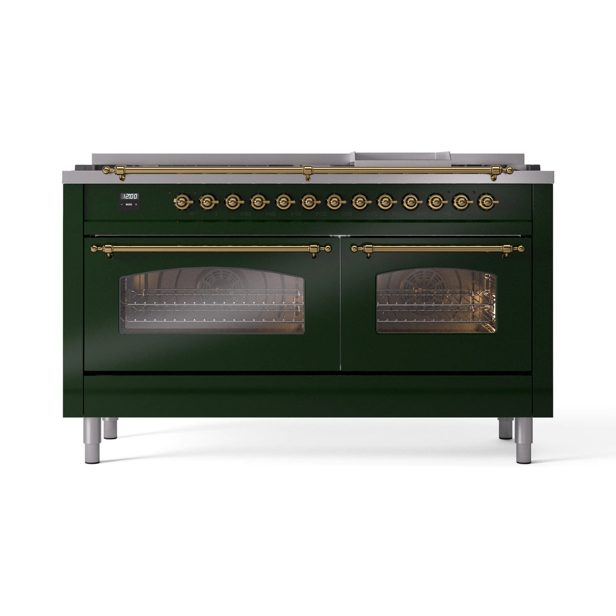 Emerald green range front with brass burner control knobs and glass oven windows