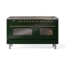 ILVE 60-Inch Nostalgie II Natural Gas Dual Fuel Range with 9 Burners, Griddle and Triple Glass Door Oven in Emerald Green with Brass Trim (UP60FNMPEGG)