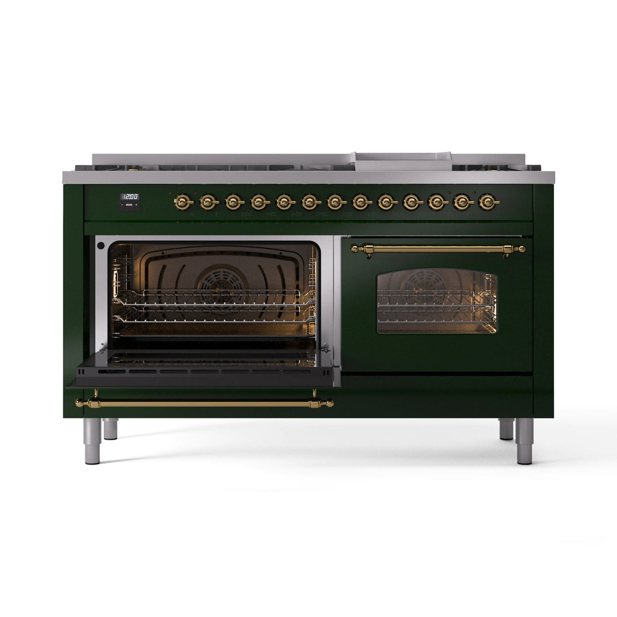 Emerald green range with left oven door open and right oven door closed with glass