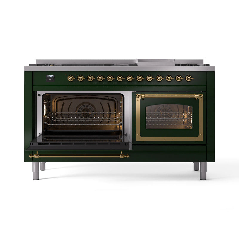 ILVE 60-Inch Nostalgie II Noblesse Dual Fuel Range with 9 Sealed Burners, Griddle, Triple Glass Door Oven in Emerald Green with Brass Trim (UN60FNMPEGG)