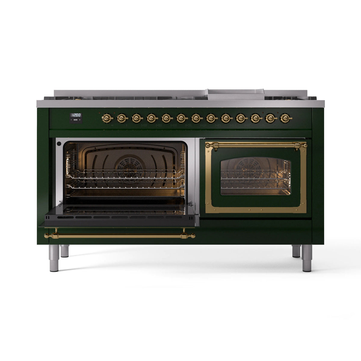 Emerald green dual-fuel range with both oven doors open and brass-trimmed frames