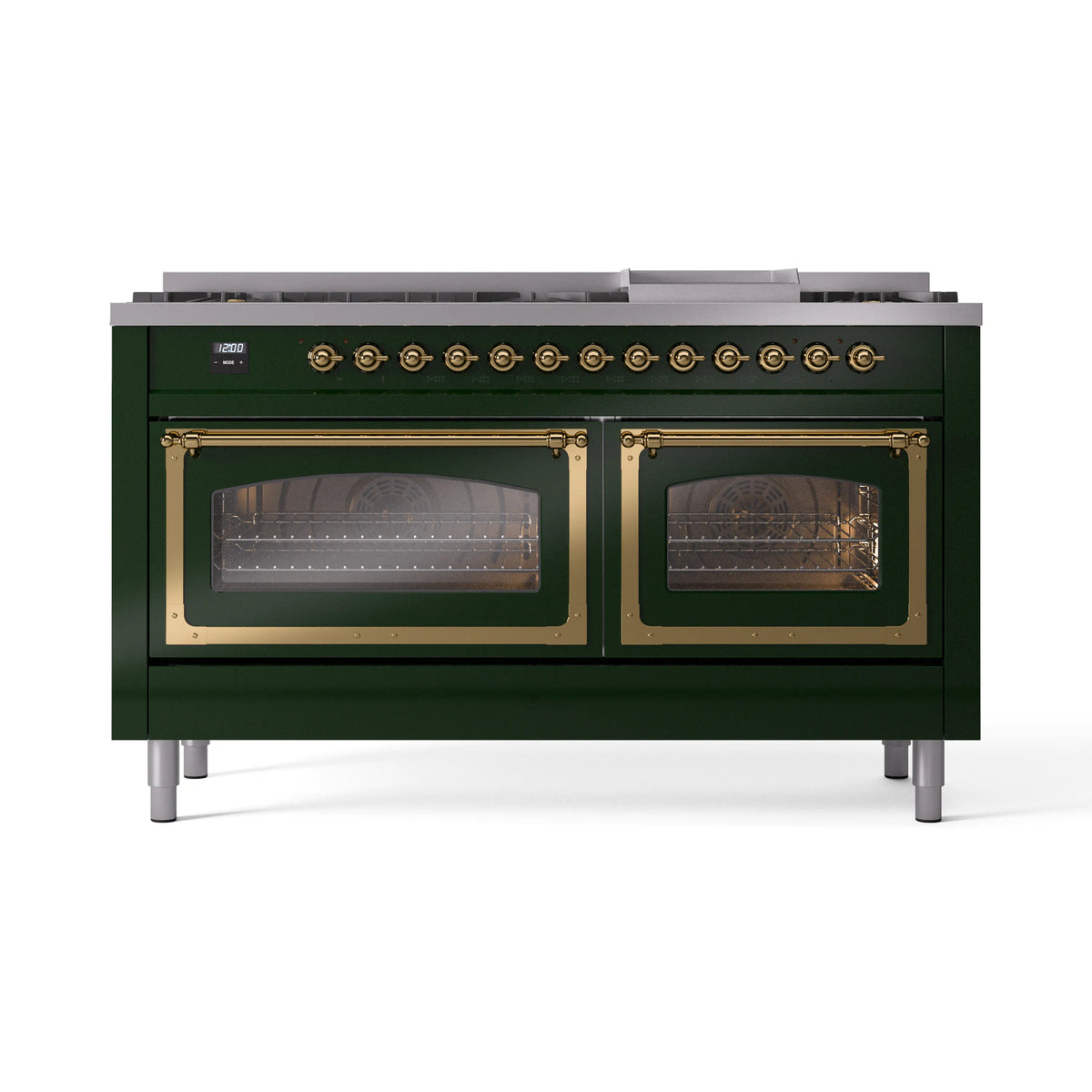 Emerald green dual-fuel range with brass trim, two closed oven windows, and control row