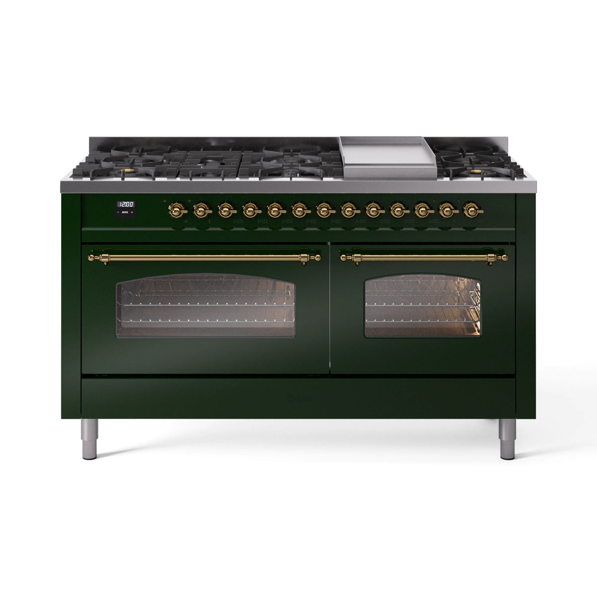 Emerald green dual-fuel range with brass trim, griddle, and glass-front oven doors