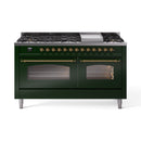 ILVE 60-Inch Nostalgie II Natural Gas Dual Fuel Range with 9 Burners, Griddle and Triple Glass Door Oven in Emerald Green with Brass Trim (UP60FNMPEGG)