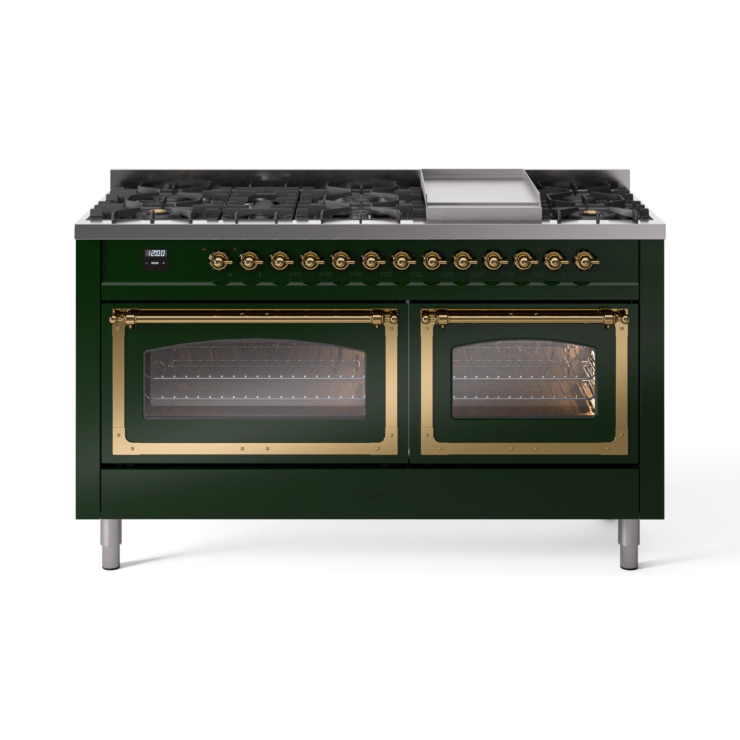 Emerald green gas dual-fuel range with brass trim and two closed oven windows