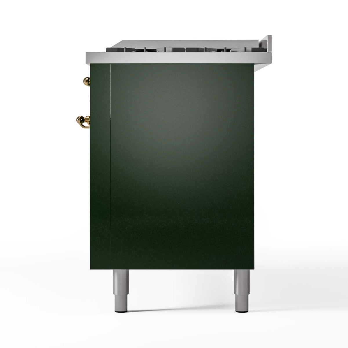 Emerald green gas range side panel with brass handle trim and four sturdy legs
