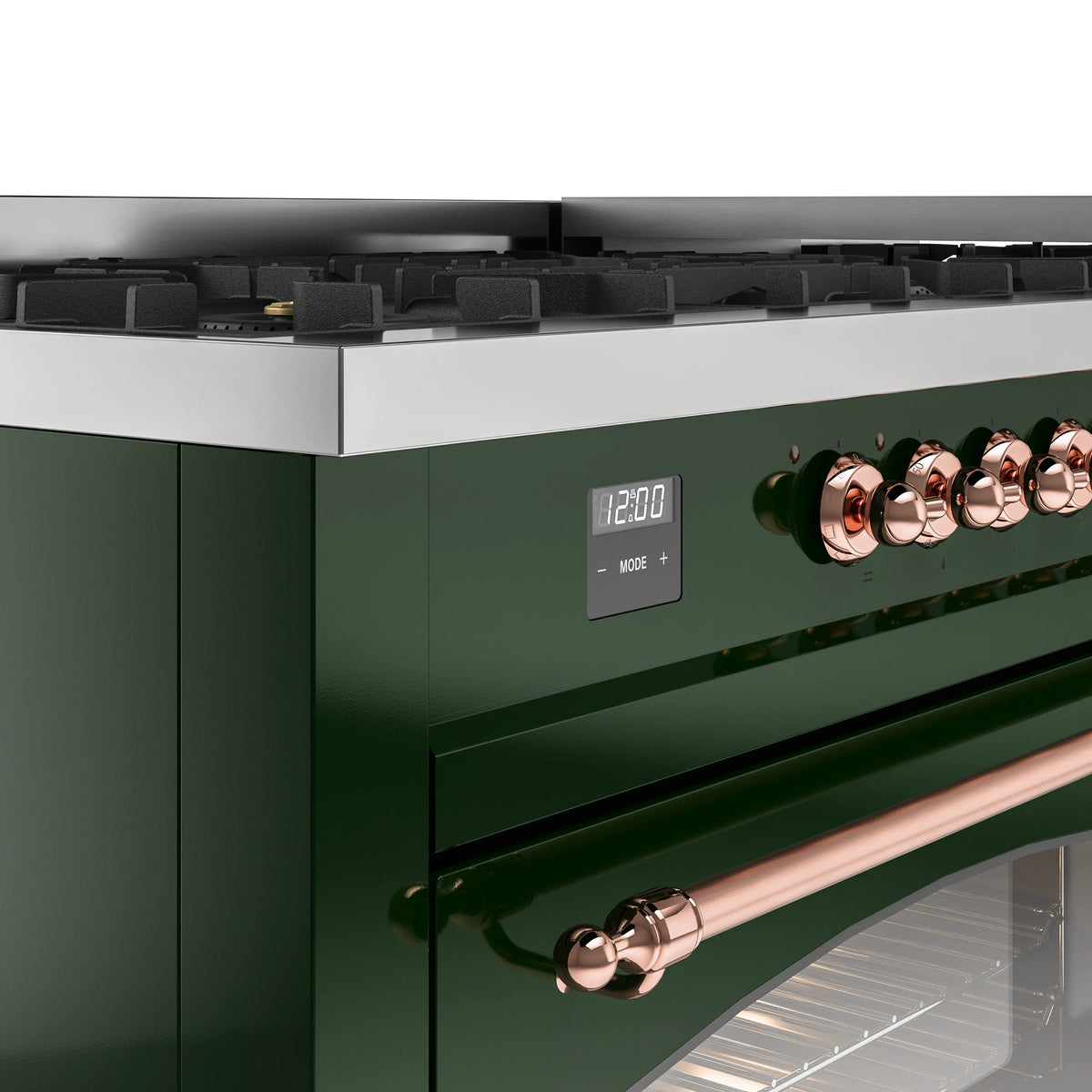 Emerald green dual fuel range control panel with digital display and copper knobs