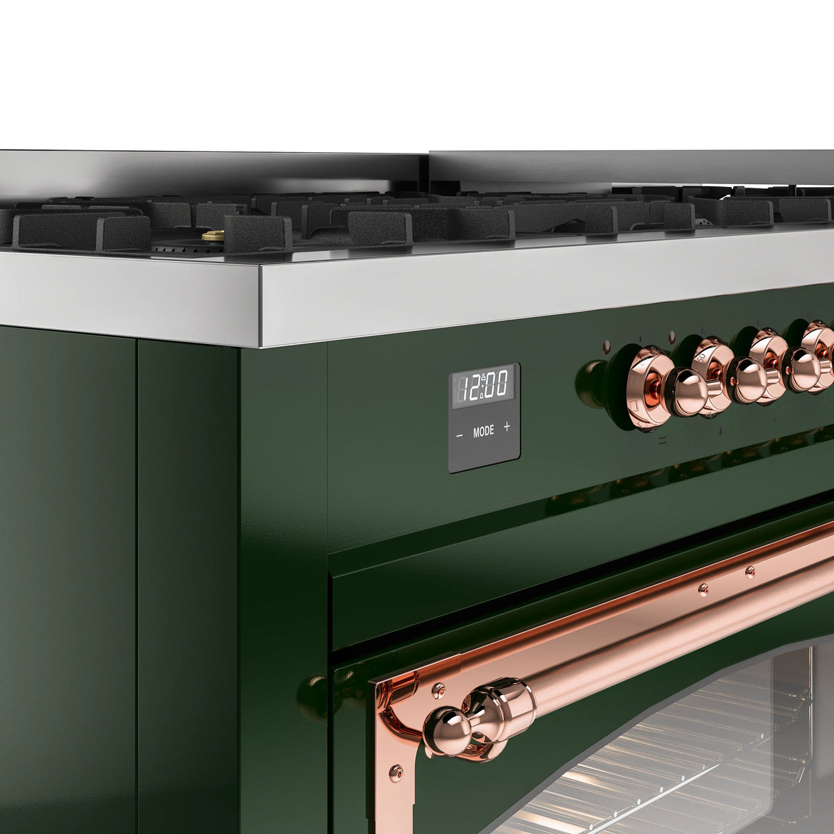 Emerald green dual fuel gas range control panel with copper knobs and clock display